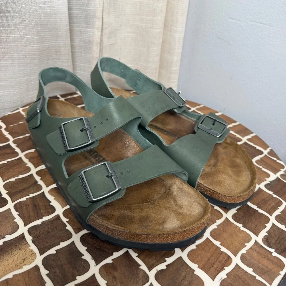 Birkenstock Milano Natural Leather Sandals Green Vintage Wood Thyme Men's 44 11